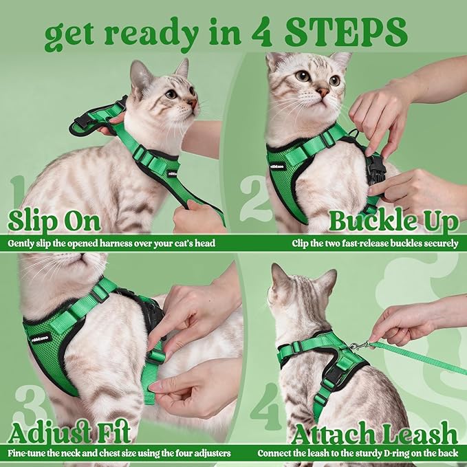 rabbitgoo Cat Harness and Leash for Walking, Escape Proof Soft Adjustable Vest Harnesses for Cats, Easy Control Breathable Reflective Strips Jacket, Grass Green,M