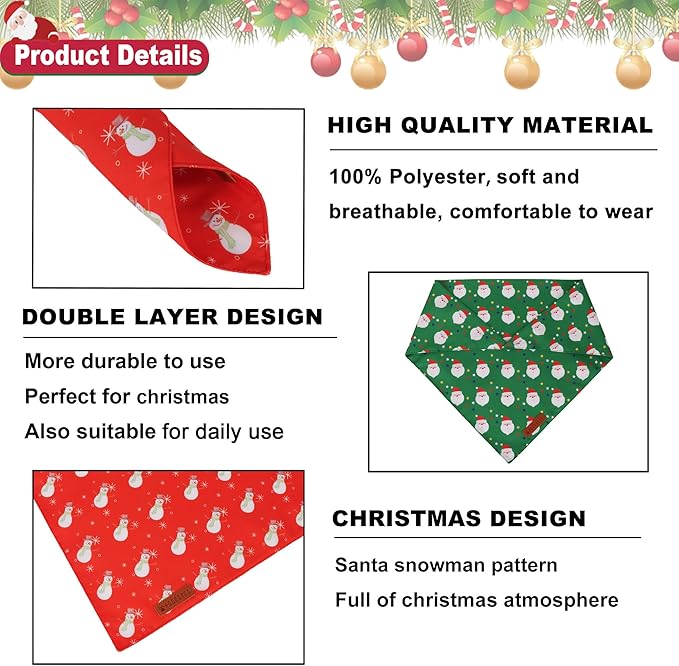 ADOGGYGO Christmas Dog Bandanas 2 Pack, Reversible Santa Snowman Xmas Pet Scarf Bib, Adjustable Fit Red Green Christmas Bandana for Extra Large Dogs (X-Large)