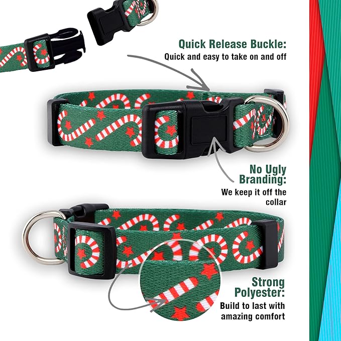 Native Pup Christmas Dog Collar- Winter Holiday Collars for Pets- Xmas Gift for Puppy- Santa, Reindeer, Snowman, Candy Cane, Red Green- Girl Boy- Small, Medium, Large Breeds (Candy Cane, Small)