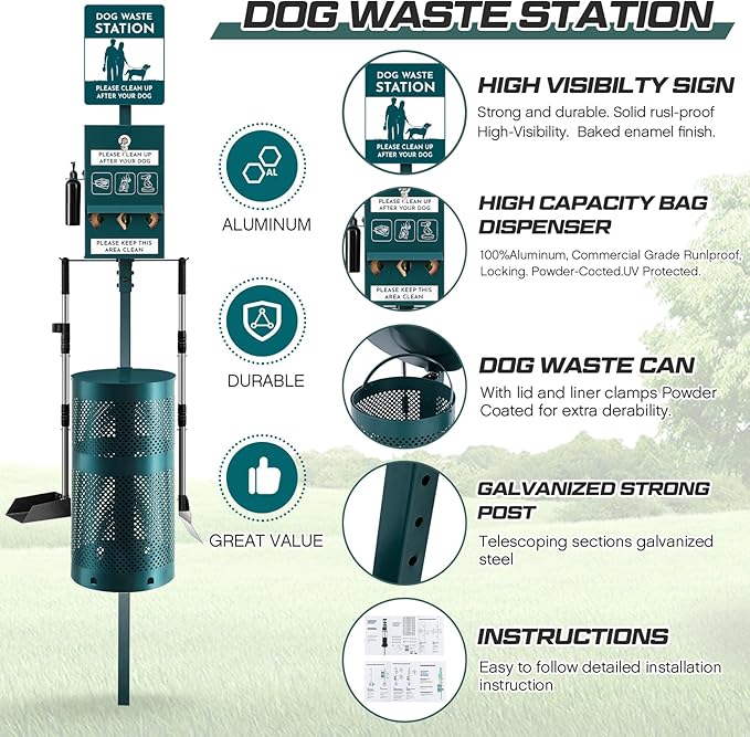 Qinyoung Dog Waste Station Outdoor Dog Poop Trash Can with Poop Bag Dispenser Shovel Dustpan Hand Sanitizer Bottle Rust Proof Bin Pet Waste Disposal System for Business Parks Backyards Trails