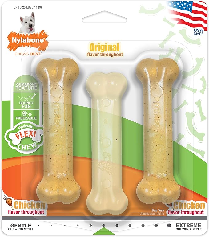 Nylabone Original Bone Flexi Chew Toy for Dogs, Dog Toys for Moderate Chewers, Dog Chew Bones, Chicken & Original Flavor, For Small Dogs - Up to 25 Ibs, 3 Pack