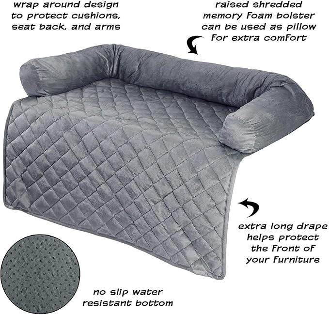Couch Cover for Dogs - 35x35 Pet Furniture Protector with Memory Foam Neck Bolster, Quilted Fabric, and Water-Resistant Base Layer by PETMAKER (Gray)