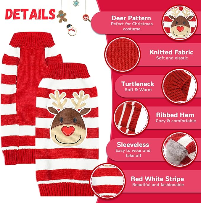 Dog Christmas Sweater Cute Striped Reindeer Xmas Pet Clothes Holiday Puppy Cat Costume New Year Gifts for Small Medium Large Dogs Jumpers (L, Red White Stripe Reindeer)