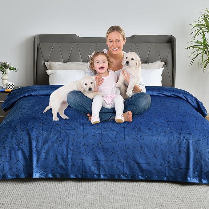 Softan Waterproof Blanket Cover 90"x90" for Baby, Adults, Dogs, Cats or Any Pets, 3 Layer Protector and 100% Leak Proof Blanket for Bed, Sofa and Other Furniture, Easy to Clean, Navy & Light Grey