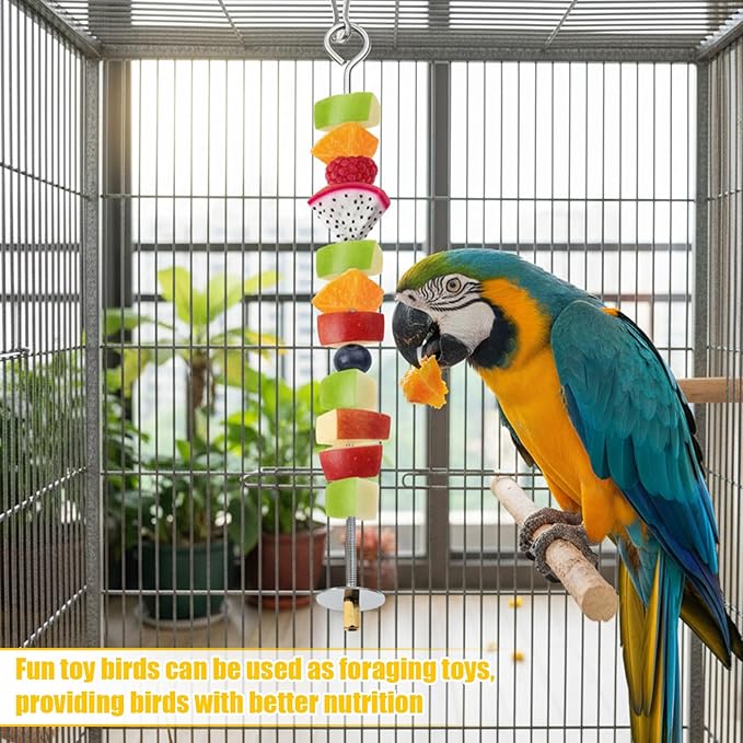 2PCS Bird Cage Food Holder with Hook, Parrot Fruit Vegetable Skewer, Stainless Steel Bird Feeder for Cages, Hanging Foraging Toy, Birds Cage Feeder Foraging Toy for Macaw Parakeet Parrot Budgie