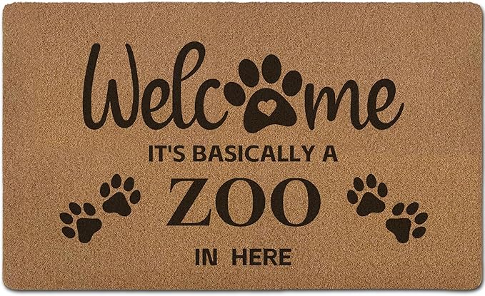 Funny Pet Welcome Door Mats, It's Basically a Zoo in Here Door Mat for Home Outside Entryway, Outdoor Pet Lover Owner Gift, Artificial Coir Doormat Rugs for Patio Kitchen Decor, 17x30 Inch