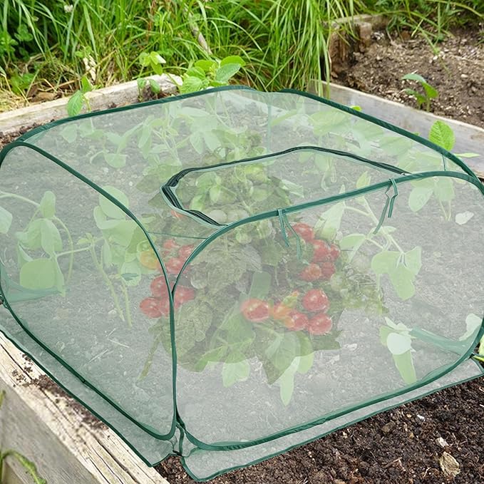 35" x 35" x 27.5" Pop Up Mesh Plant Cover, Foldable Plant Protector Mesh Plant Enclosure, Garden Net Cage Guard Cover with 4 Ground Stakes for Protecting Plant Vegetable Fruit from Birds Insects