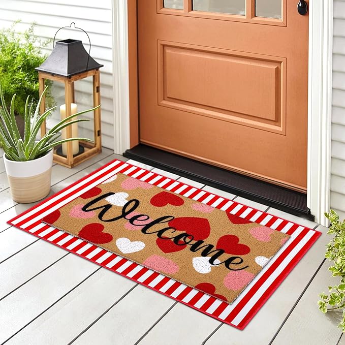 Tinideya 2 Pcs Valentine Door Mat Heart Welcome Outdoor Non Slip Coir Mats Red and White Stripe Floor Layering Doormats Seasonal for Front Porch Entryway Decor(Valentine Heart)