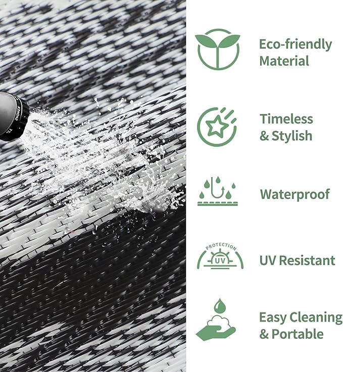GENIMO Outdoor Rug for Patio Clearance, 9'x12' Waterproof Camping Mat, Reversible Plastic Straw Rugs for RV, Camper, Balcony, Backyard, Picnic, Deck (Black White)