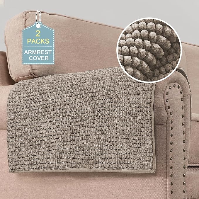 H.VERSAILTEX Plush Chenille Couch Armrest Cover 2 Packs Thick and Soft Sofa Covers Furniture Protector Cover for Pets (27.5" x 27.5", Taupe)