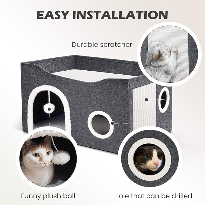 Heeyoo Cat House for Indoor Cats - Large Cat Bed Cave with Fluffy Ball and Scratch Pad, Foldable Cats Houses & Condos, Cat Hideaway, Covered Kitty Bed for Multi Small Large Kitty, 23.8x15.9x13.2 Inch