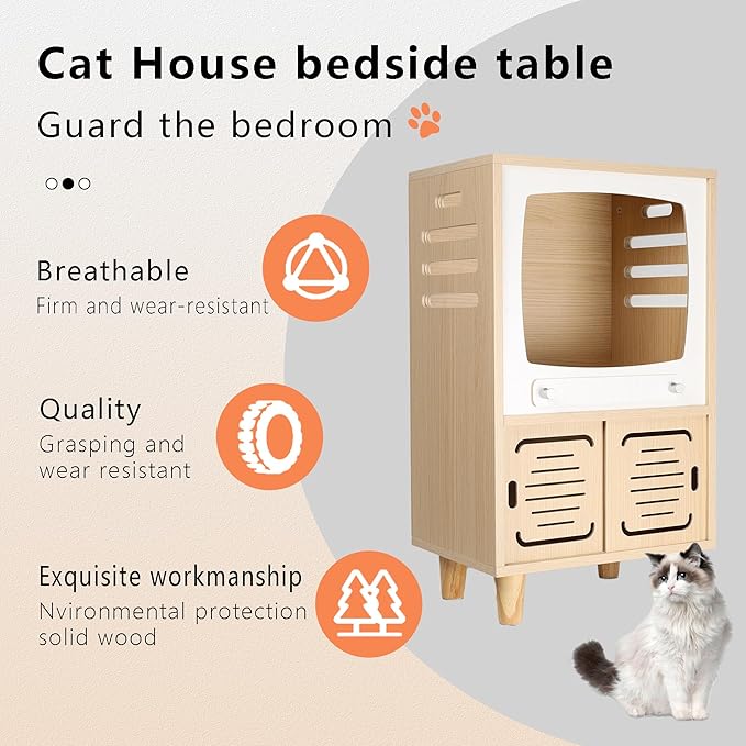 Cat House Side Table, 2-in-1 Wooden Cat House and Bedside Table with Scratching Board - Large Retro TV-Style Two-Tier Indoor Cat Activity Center, Suitable for Indoor Use, Bedside. (Oaken, O)