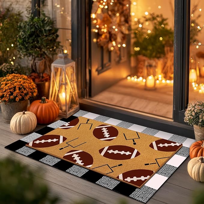 Tinideya 2 Pcs Football Theme Door Mat American Ball Design Welcome Non Slip Coir Mats Sports Floor Layering Doormats Seasonal for Front Porch Entryway Decor(Football Theme)