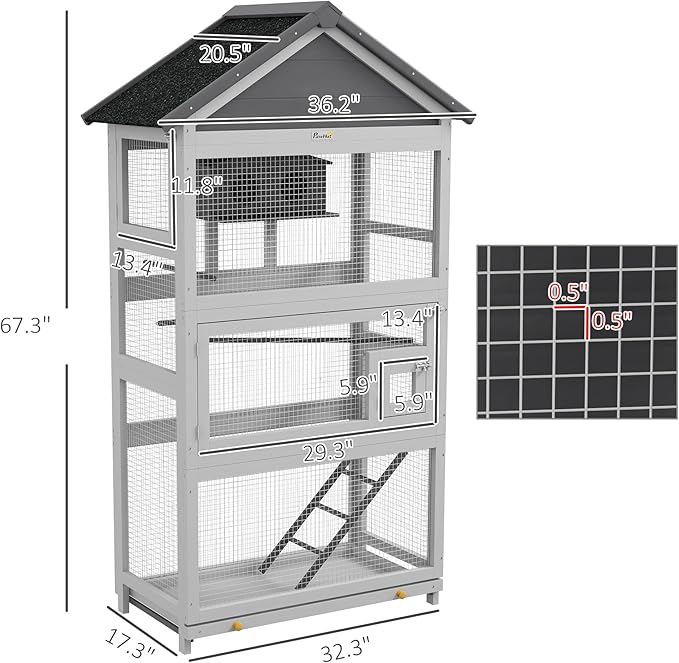 PawHut Wooden Bird Aviary, 67" Outdoor Bird Cage with Slide-Out Tray, Three Doors, Birdhouse, Ladder, Perches for Finches, Parakeets, Gray