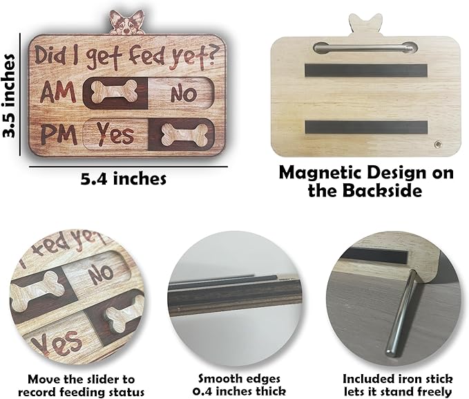 Dog Feeding Tracker-AM PM 2-Meal Wooden Fridge Magnets - Dog Feeding Reminder(3.5'' x 5.4'') with Stand - Did I Get Fed Yet-Pet Accessories to Track & Prevent Overfeeding or Underfeeding of Pets-A04