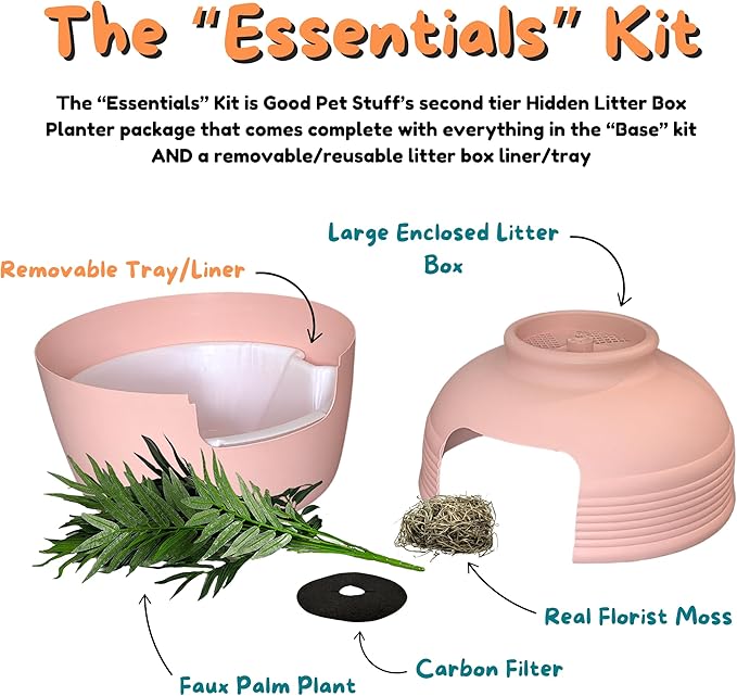 Good Pet Stuff Hidden Litter Box Planter, Decorative Cat Litter Enclosure with Carbon Filter, Artificial Plant, Easy Clean, Indoor Design, Original Round Style, Essentials Kit, Pink Coral
