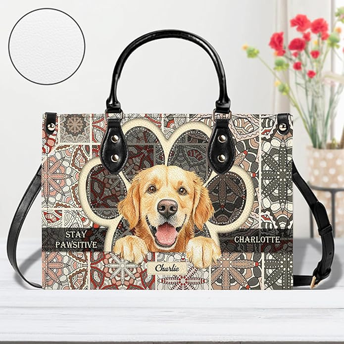 Personalized Pet Mom Leather Handbag – Custom Name Dog Cat Photo Purse, Pet Lover Gifts for Women, Christmas