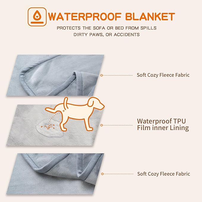 Waterproof Dog Blankets Light Grey Pet Blanket 60"x80", Soft Fluffy Sofa Car Bed Protector, Reversible Leakproof Flannel Washable Dog Blanket for Large Dogs