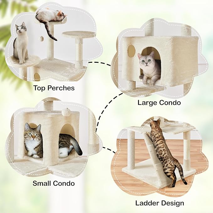 Yaheetech XL Cat Tree, 80in Multi-Level Cat Tower w/Scratching Posts, Double Condo, Perched Platforms and Dangling Balls, Pet Stand House for Kittens, Beige