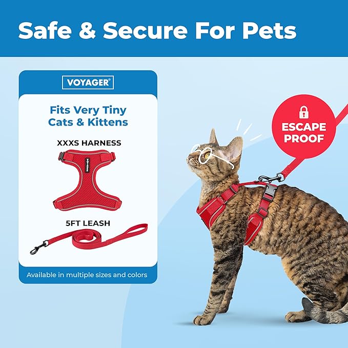 Voyager Escape-Proof Step-in Lock Cat Harness & 5ft Neoprene-Handle Leash Set All-Weather Mesh with Reflective Stitching for Small to Large Cats by Best Pet Supplies, Red (327), XXXS