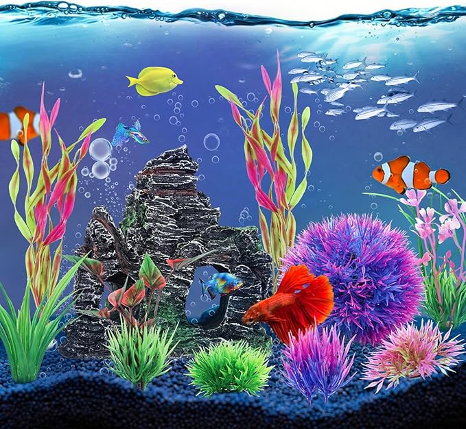 10pcs Aquarium Artificial Plastic Plants Decorations and Rock Cave Decor Set, Fish Tank Accessories Small Large Fish Bowl Ornaments Set
