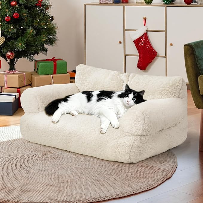 Large Cat Beds for Indoor Cats, Dog Couch Bed, Cute Cat Couch Sofas for Less 20lbs Kitten Puppy, Small Dog Sofas & Chairs with Removable Washable Cover, Soft Warm Pet Furniture, Cream