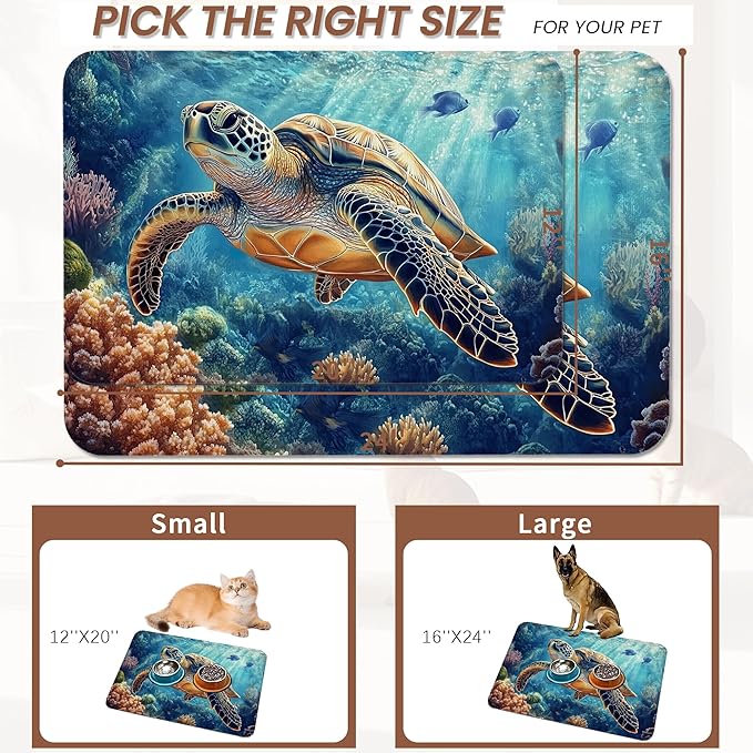 Turtle Dog Cat Food Mat,Coral Fish Absorbent Pet Feeding Mat for Food and Water,Non-Slip Dog Bowl Mats Floor Protector 12"x20"