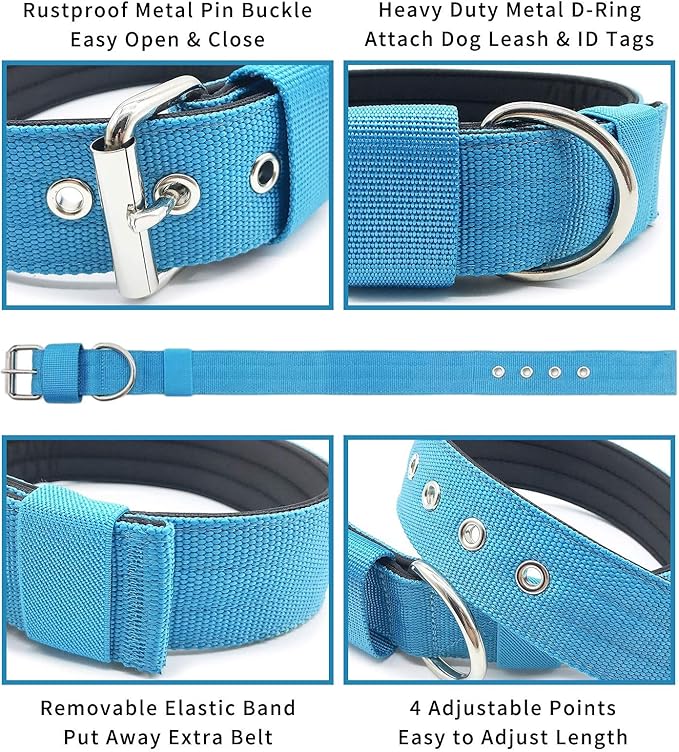 Heavy Duty Tactical Dog Collar - 1.5" Width Military Durable Thick Nylon with Adjustable Metal D Ring & Buckle Working Training K9 Collar for Medium Large Dogs (L(20"-23"), Light Blue)