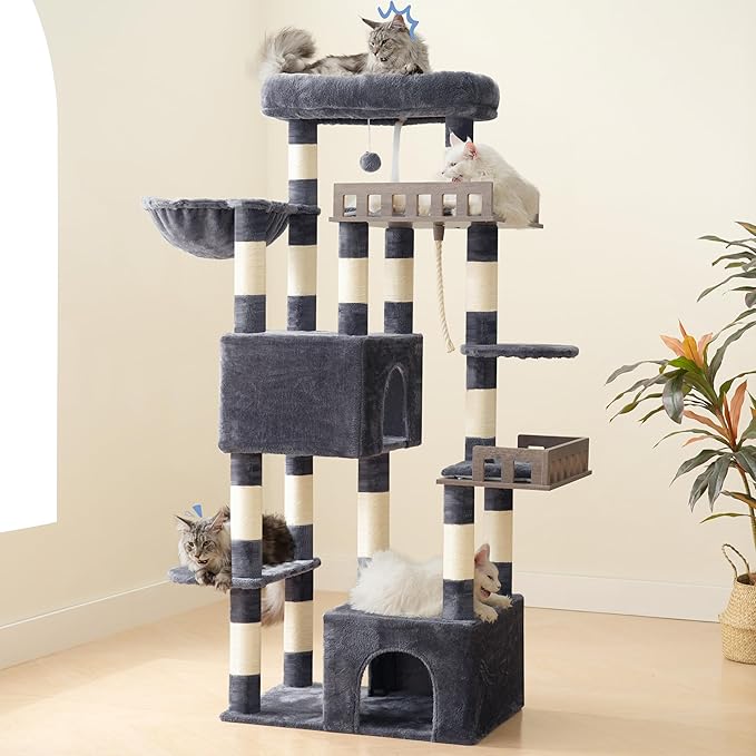 Maine Coon Cat Tree, Heavy Duty Cat Tree for Indoor Cats Large Adult, Cat Tower for Large Cats 20 lbs+ with Hammock, 2 Big Perches, 2 Cat Condos, 15 Scratching Posts, Smoky Gray GCT033G