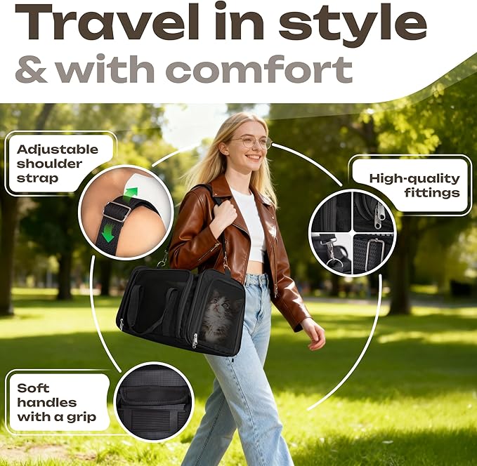 Airline Approved Medium Pet Carrier for Cats & Dogs – Foldable Dog Bag with Soft Mat, Breathable Mesh Windows, Travel-Ready Cat Carrier (Up to 15 lbs, Black)