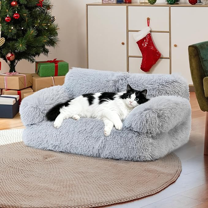 Large Cat Beds for Indoor Cats, Dog Couch Bed, Cute Cat Couch Sofas for Less 20lbs Kitten Puppy, Small Dog Sofas & Chairs with Removable Washable Cover, Warm Pet Furniture, Plush Light Grey