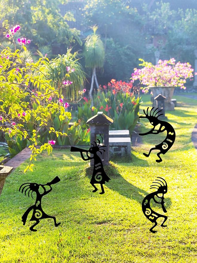 4 Piece Kokopelli Metal Garden Stakes - Native American-Inspired Southwestern Yard Art, Rustic Outdoor Decor for Lawn, Patio, Garden Pathway; Fade-Resistant Ornaments for Thanksgiving Day