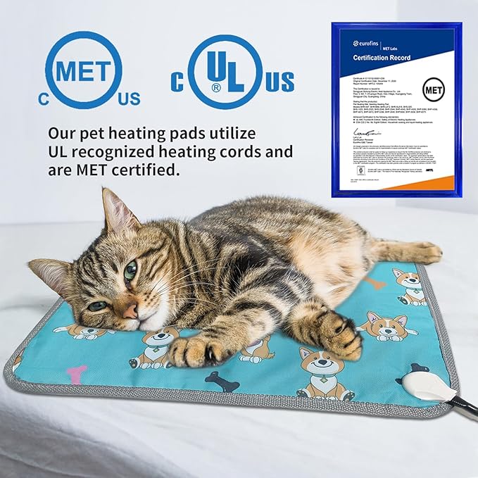 Large Dog Heating Pad 34x21in with Smart Thermostat Switch and Power Line Protection Tube,Obtained MET and UL Dual Certification,Waterproof Pet Pad, Suitable for Dogs of All Ages-Blue