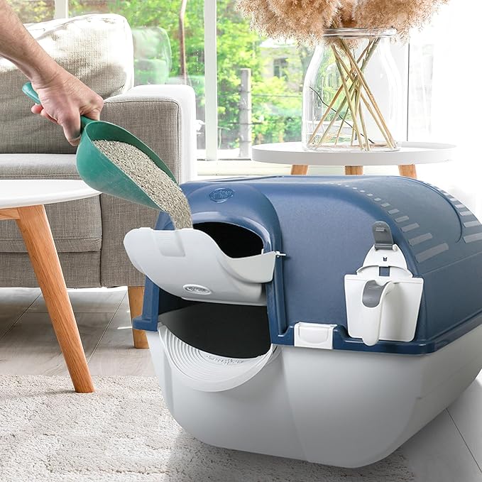 Omega Paw Roll N Clean Complete Self Cleaning Litter Box with New Bag System, Litter Step, Sifting Grate, and Pullout Waste Tray with 100 Bags, Blue