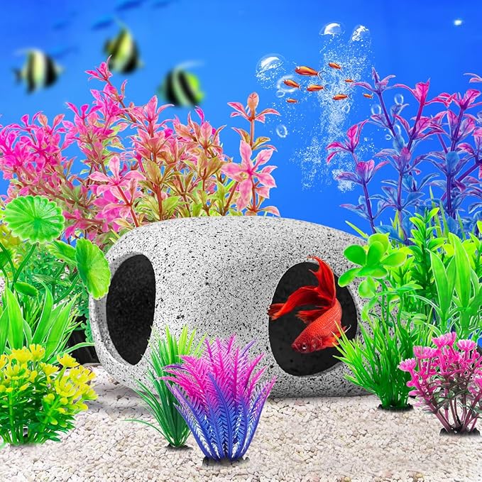 CousDUoBe 13Pcs Aquarium Hideaway Rock Cave Fish Tank Decorations quarium,Betta Toys Hideout Stones House,Safe and Non-Toxic Ceramic Fish Tank Ornaments（Style B）