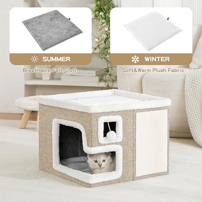 Cat Houses for Indoor Cats, Covered Cat Cave Bed with Scratch Pad and Fluffy Ball, Foldable Cat Hideaway Condo for Large Cats, Modern Kitten Bed,16.5x16.5x13 inches (Khaki‌, L)