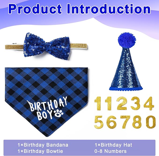 Dog Cat Birthday Party Supplies, Dog Cat Birthday Decorations Hat Bandana Bow Tie Collar Set with 0-8 Number for Large Medium Small Pet (Large, Blue)