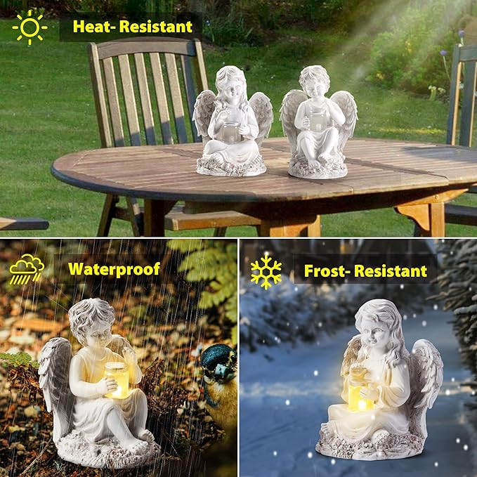2 Pack Outdoor Angel Statue Garden Decor, Classic Solar Angel Figurine Decoration for Yard Art Indoor Porch Home Lawn Outside Light up Cherub Sculpture Guardian Wings Angel Memorial Gifts Christmas