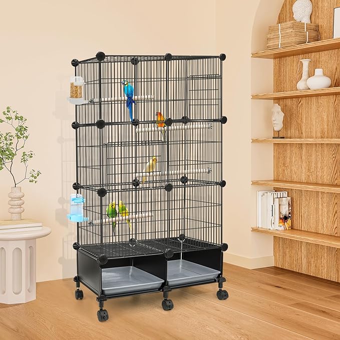 Upgraded Encrypted 46-Inch Bird Cage, with Wooden Perches, Metal Parakeet Cage with Slide-Out Tray, Water Bottle&Feeder, Bird Cages for Parrot,Parakeets,Cockatiel,Lovebird,Small Mid-Sized Birds