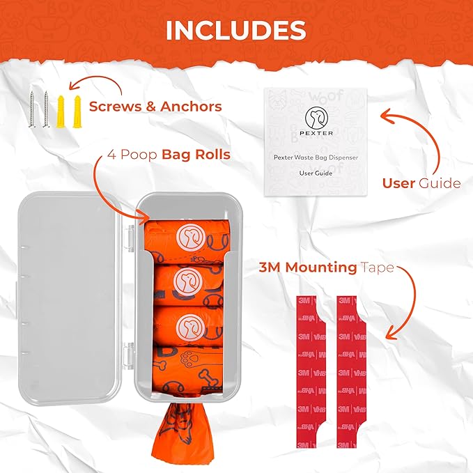 Dog Poop Bag Dispenser - Outdoor or Indoor Pet Waste Bag Dispenser Station - Stick-On or Screw-On Wall Mount - Poop Bags Storage Outdoor Container - Includes 4 Doggie Bag Rolls (Gray)