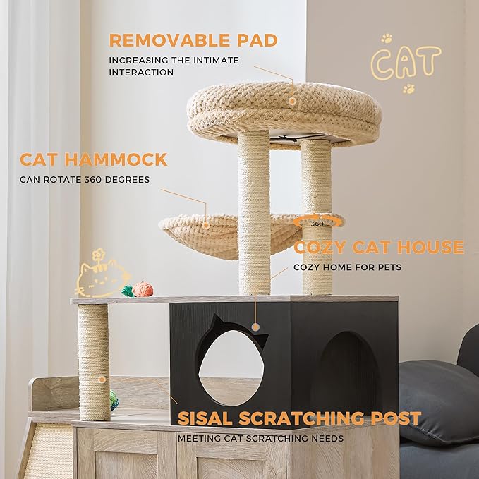 IRONCK Litter Box Enclosure with Cat Tree, 46" Hidden Litter Box with Sisal Scratching Ladder and Storage, Modular Wooden Litter Box Furniture with Condo and Platform, All-in-one Cat Tower, Greige