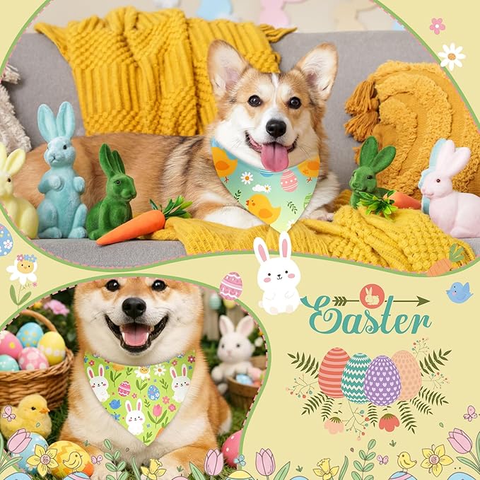 Weewooday 50 Pcs Easter Dog Bandanas Bulk with Bunny Rabbit Egg Carrot Pattern Soft Bibs Adjustable Triangle Pet Scarf Bowtie for Small Medium Large Costume Grooming(25.6 x 17.7 x 17.7 Inch)