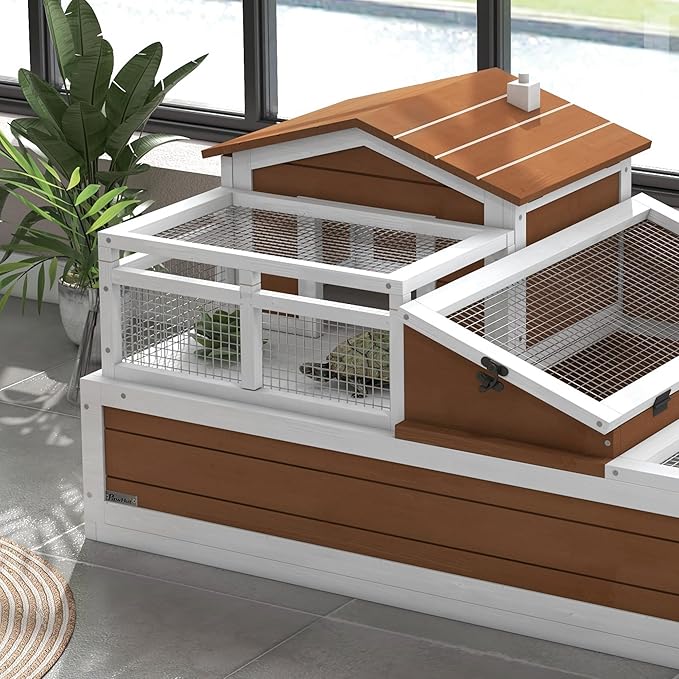 PawHut 3- Room Tortoise House Habitat with Balcony & 2 Stories, Indoor/Outdoor Wooden Tortoise Enclosure with Ladder, Tray, Openable Roof, Large Reptile Cage, 44" x 25. 5" x 23", Coffee