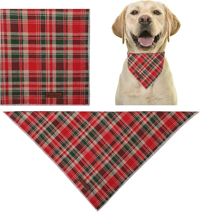 Christmas Plaid Dog Bandana–Red and Green Checked Triangle Scarf for Small Medium Large Dogs, Soft Cotton Pet Bib for Winter & New Year, Adjustable Dog Kerchief