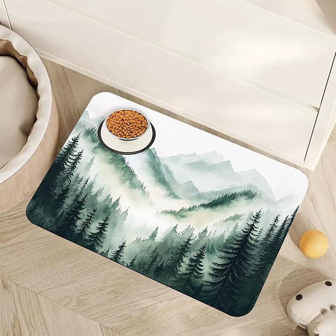 Misty Forest Mountain Dog Food Mat for Floors,Absorbent Quick-Dry Pet Feeding Mat,Cat Dog Bowl Mats for Food and Water,Non-Slip Pet Accessories Supplies 16"x24"