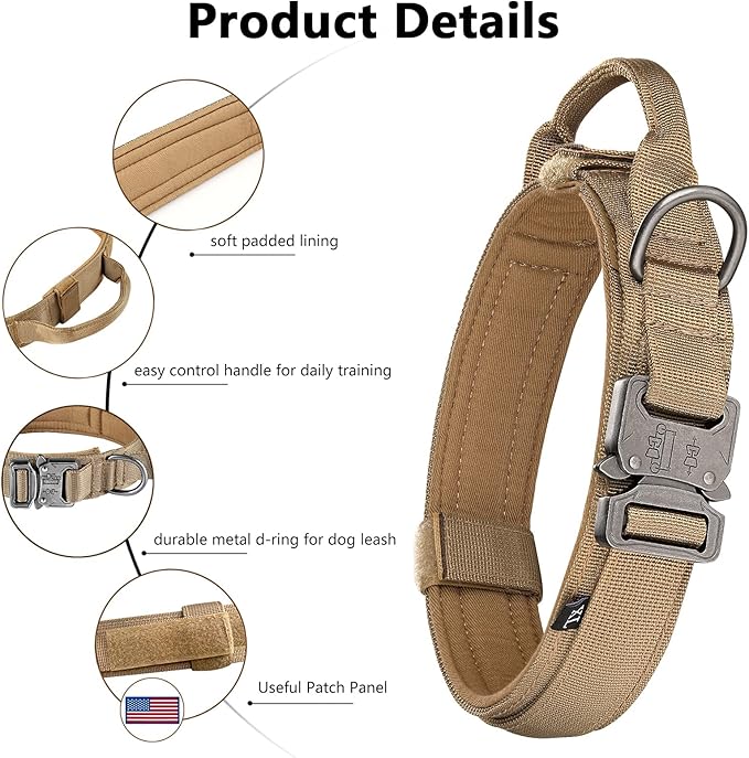 DAGANXI Tactical Dog Collar, Adjustable Military Training Nylon Dog Collar with Control Handle and Heavy Metal Buckle for Medium and Large Dogs, with Patches and Airtags Case (M, Brown)
