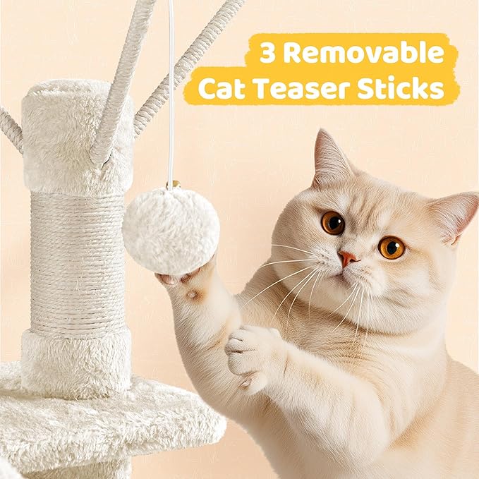 Yaheetech Cat Tree, 67in Large Tower w/ 3 Removable Teaser Sticks, 2 Kitten-Ear Shaped Perches, 2 Condos, Hammock, Scratching Post, Multi Level Pet House, Beige