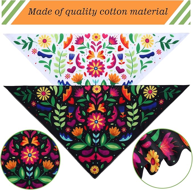 Whaline Mexican Dog Bandana Floral Dog Bandana Cinco De Mayo Fiesta Pet Scarf Double-Sided Adjustable White Black Flower Pet Neckerchief for Small Medium Large Cat Dog Carnival Accessories, 2 Pack
