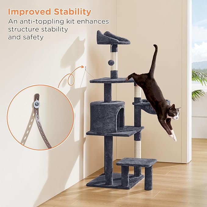 Yaheetech 57in Multi-Level Cat Tree Tower with Extended Platform, Padded Perch, Scratching Posts, and Ball — Indoor Activity Center for Large Cats
