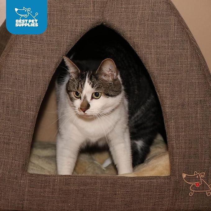 Best Pet Supplies Dog House Bed Crate Mat Tent Indoor Round Soft Plush for Small, Medium, and Large Breeds - Brown Linen, 19 x 19 x H:19"